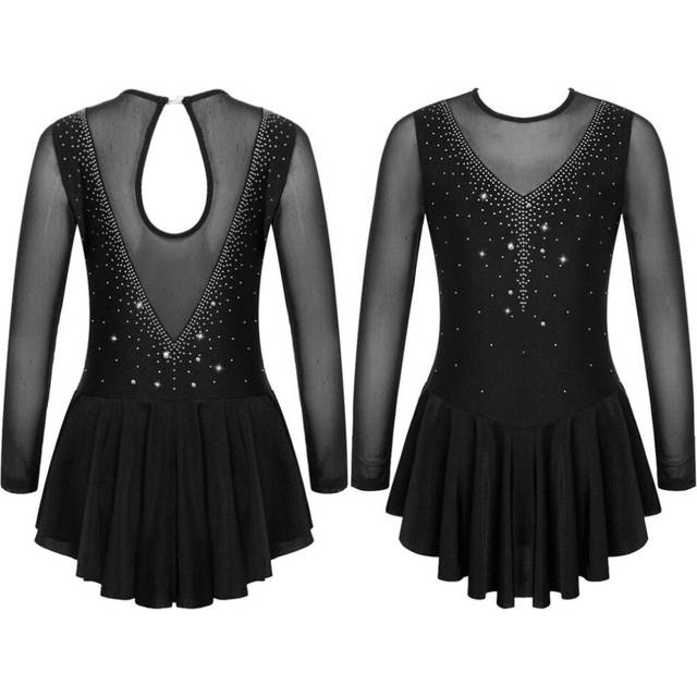 (black, 5-6 Years) Kids Girls Stylish Dress Long Sleeve Sparkly Rhinestone Patchwork Style Gymnastics Leotard Dress Dancewear