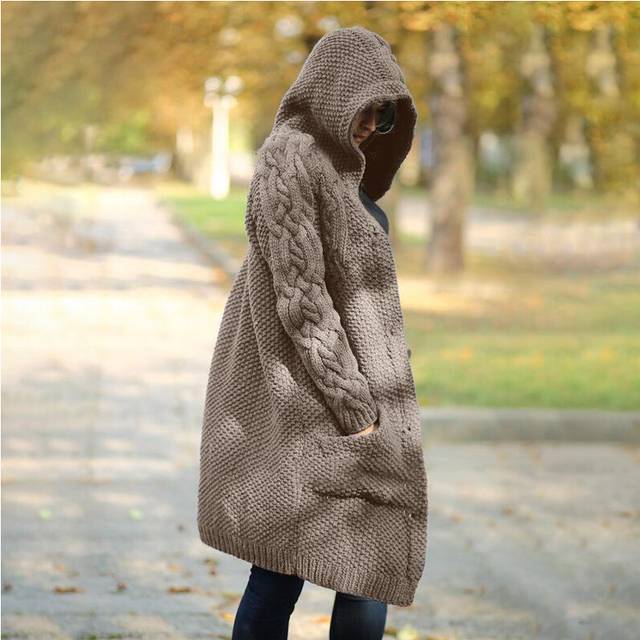 (Khaki, 3XL) Womens Ladies Chunky Cable Knitted Oversized Longline Hooded Cardigan Cape Top