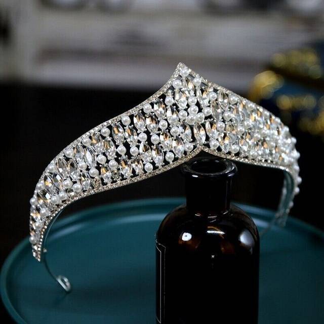 6.5cm Tall Pearl Crystal Tiara Crown Wedding Bridal Queen Pageant Prom For Women - Green