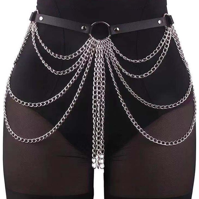 (Belly Chains) Women Sexy Body Chain Jewelry Pu Leather Waist Belt With Chains Festival Chain