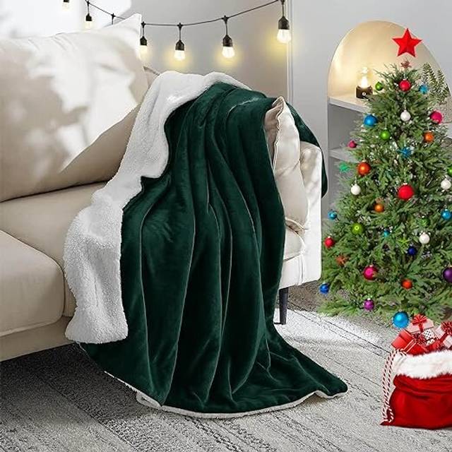 (Green -Sherpa Fleece) King Sherpa Fleece Blanket Throw Bed Sofa Couch UK