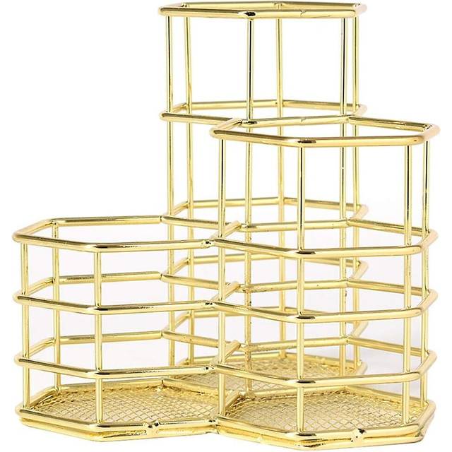 (As show, One size) Pencil Holder, Gold Pen Holder For Desk Organizer, Metal 3 Compartments Makeup Brush Holders Cup