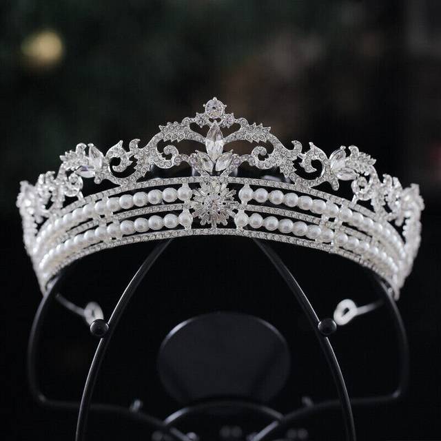 5.6cm Tall Large Pearl Crystal Tiara Crown Wedding Bridal Queen Princess Prom