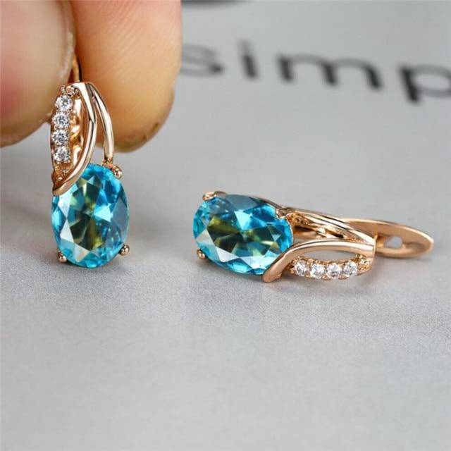 (aqua blue) Aqua Blue Zircon Oval Stone Earrings Multicolor Crystal Hoop Earrings Rose Gold Color Engagement Earrings For Women Boho Jewelry