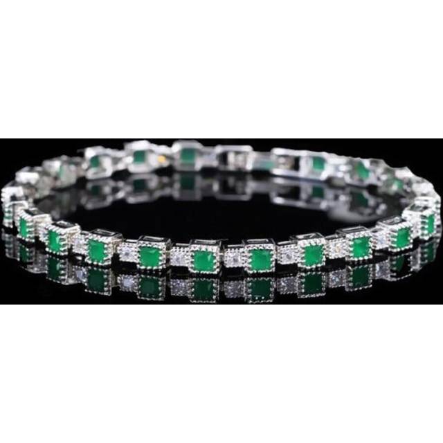 (green) Vintage 925 Sterling Silver Emerald Gemstone Bangle Charm Wedding Cocktail Bracelet Fine Jewelry