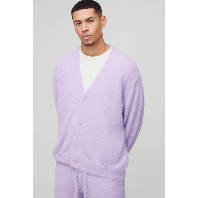 Mens Lilac Boxy Fit Super Fluffy Knitted Cardigan