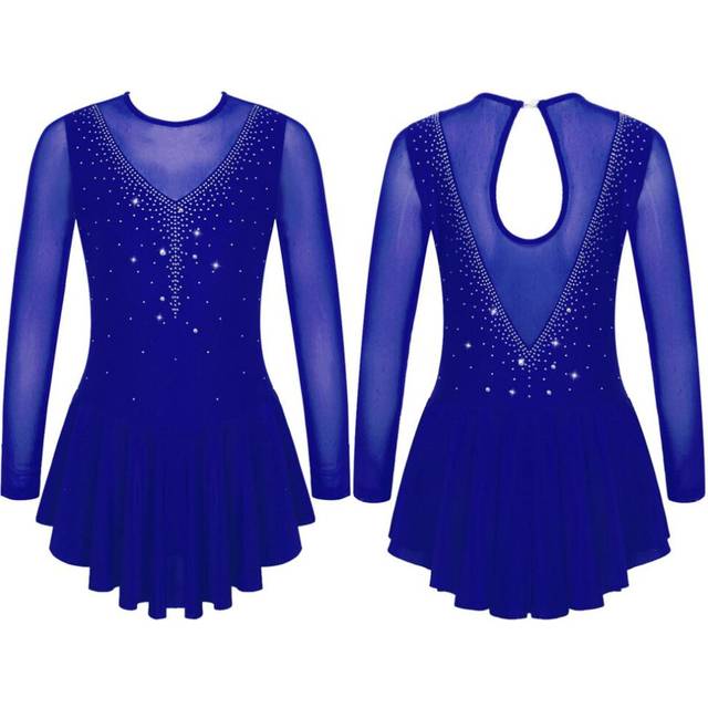 (royal blue, 5-6 Years) Kids Girls Stylish Dress Long Sleeve Sparkly Rhinestone Patchwork Style Gymnastics Leotard Dress Dancewear