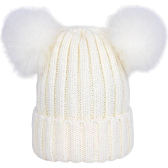 (S, White) Women Hat Solid Color Plush Balls Autumn Winter Fluffy Pompoms Beanie Cap For Outdoor