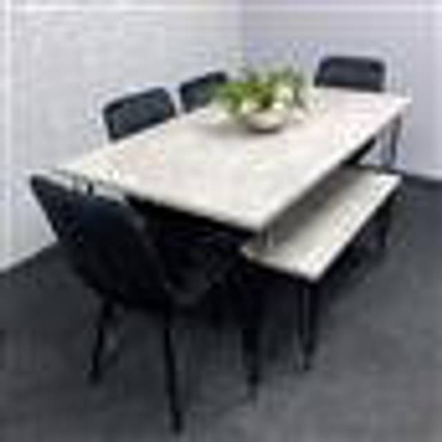 Grey Dining Table with Hairpin Legs, Bench & 4 Black Velvet Chairs Set for Kitchen & Dining Room