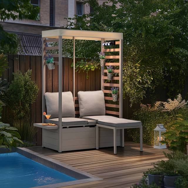 SUNJOY Outdoor 2-Seater Sofa with Footstool Patio Loveseat with Storage and UV Resistant Canopy Patio Garden Furniture Set for Balcony Backyard