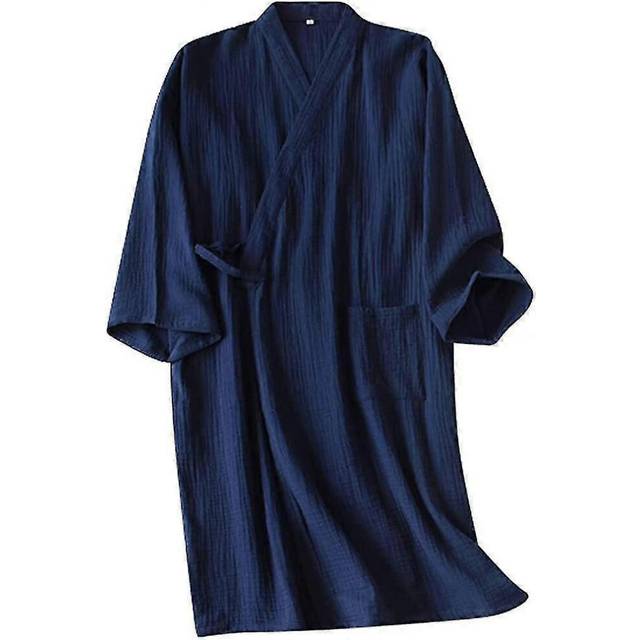 (XL, Navy Blue) Men&#39;s Kimono Robes Cotton Dressing Gown Khan Steamed Clothing Bathrobes Long Sleeve Sleepwear Loungewear Nightwear. Navy