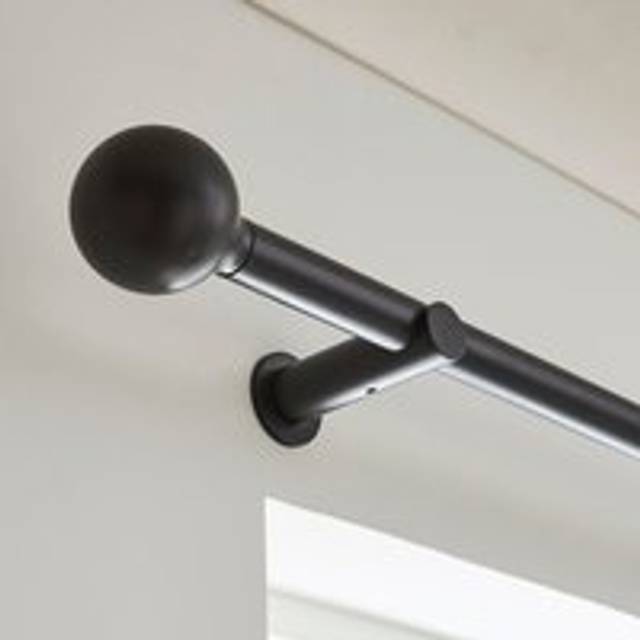 Contemporary Ball Fixed Metal Curtain Pole with Rings - Black