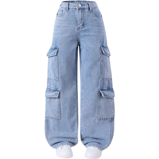 SHEIN Tween Girl Y2K Oversized Multi-Pocket Washed Light Blue Cargo Jeans Casual Streetwear Pants