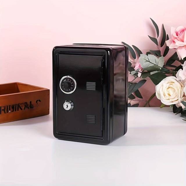 (Black) Metal Mini Safe, Creative Lockable Change Deposit Box, Key Storage Box