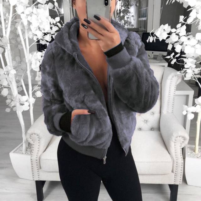 (dark grey, S) Women&apos;s Autumn And Winter Jacket Hooded Bunny Fur Grass Short Coat Female