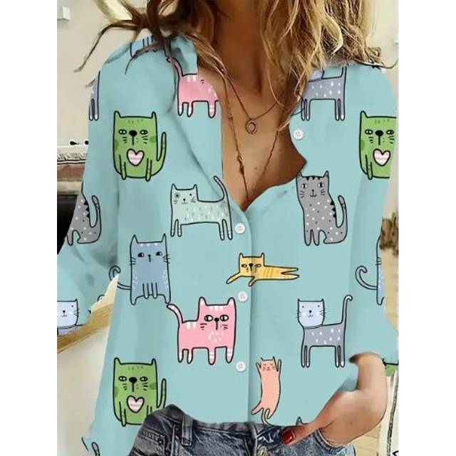 (1, S) Women's Shirt Cat 3D Digital Printing Cute Style Fashionable Casual Trend Lapel Long-Sleeved Cardigan Blouses Femme Blusas