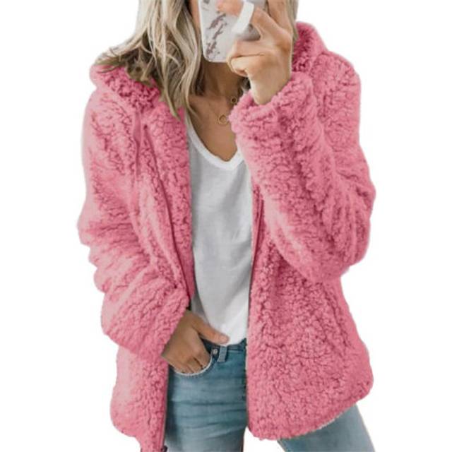 (Pink, 4XL) Womens Teddy Bear Fleece Fluffy Hooded Coat Ladies Hoodies Jacket Zip Up Outwear