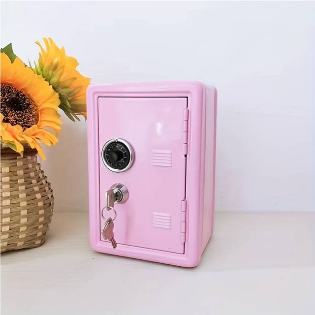 (Pink) Metal Mini Safe, Creative Lockable Change Deposit Box, Key Storage Box