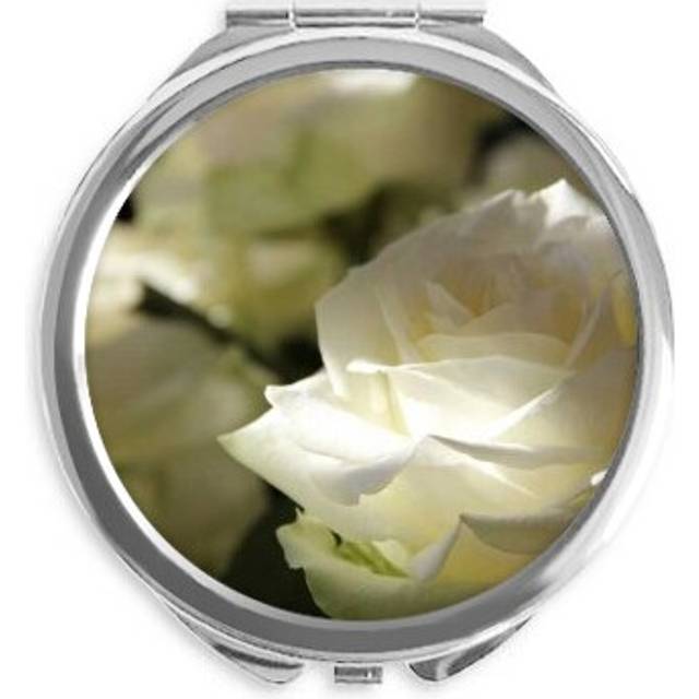 Dark Big-sized White Roses Hand Compact Mirror Round Portable Pocket Glass