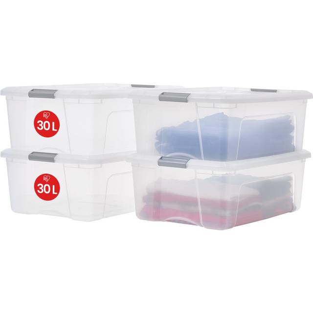 Iris Ohyama Storage Boxes with Lids, 30L, Set of 4, Silver, Secure Buckles, Stackable, Pull-Handles, For Bedroom, Closet, Office, Organisation, BPA