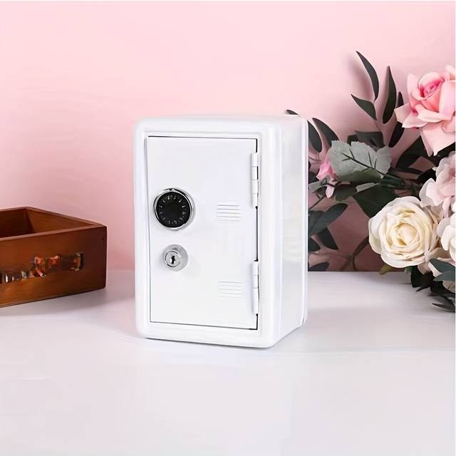 (White) Metal Mini Safe, Creative Lockable Change Deposit Box, Key Storage Box