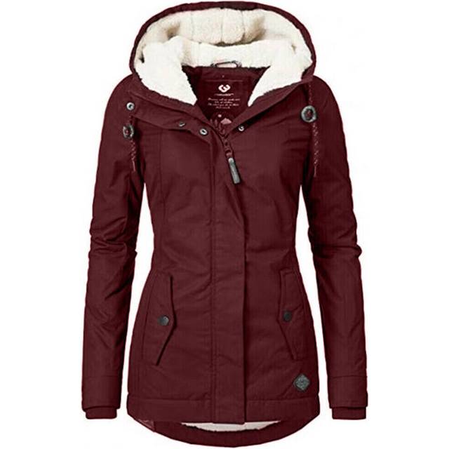 (Wine Red, M) Womens Fur Lined Parka Jacket Coat Ladies Hooded Outwear Winter Warm Overcoat