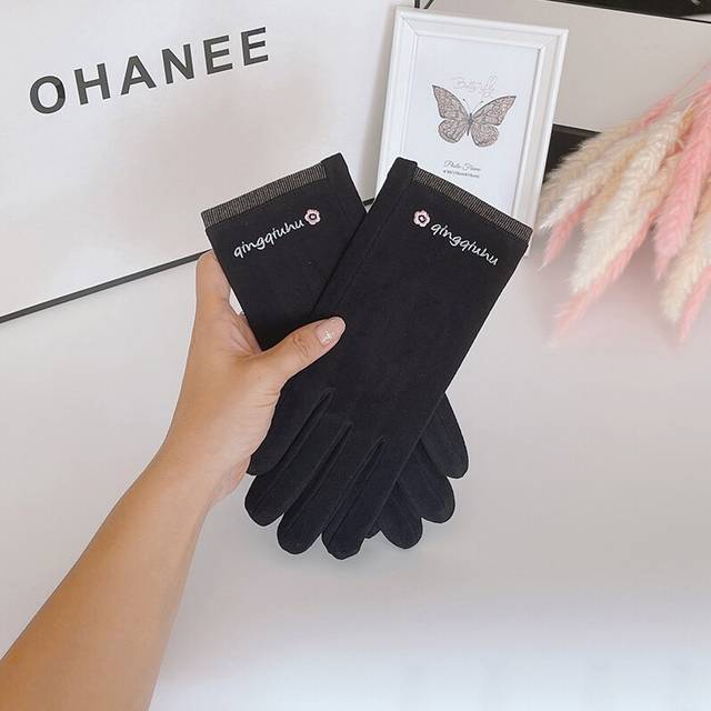 (1) De Velvet Thin Small Flower Gloves Autumn And Winter Cycling Gloves Touch