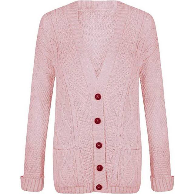 (Baby Pink, 12-14) Womens Ladies Chunky Cable Knit Cardigan Button Long Sleeves Grandad Cardigans