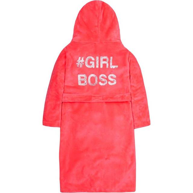 (Pink Boss, 7-8 Years) Girls Sequin Patch Dressing Gown Robe Plush Fleece Hooded Pockets Warm Slogan