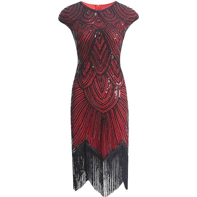 (S, Black-Red) Womens Retro 1920s Style Dress Sequin, Round Neck, Theme Party Dresses Womens Fancy Dress