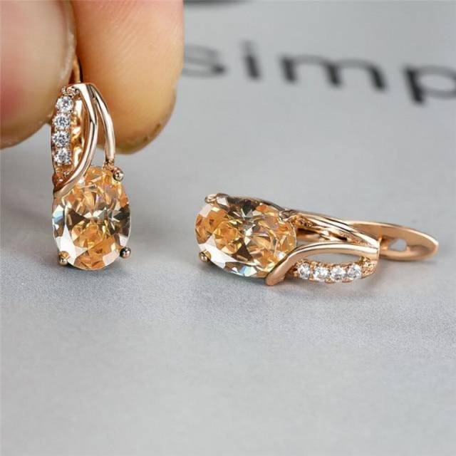 (champagne) Aqua Blue Zircon Oval Stone Earrings Multicolor Crystal Hoop Earrings Rose Gold Color Engagement Earrings For Women Boho Jewelry