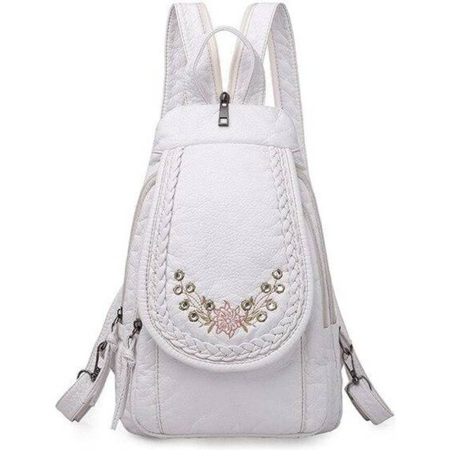 (cool white, 20x8x30cm) Fashion Ladies Embroidery Small Backpack High Quality Soft Washed Leather Backpack Women Multifunction Backpack
