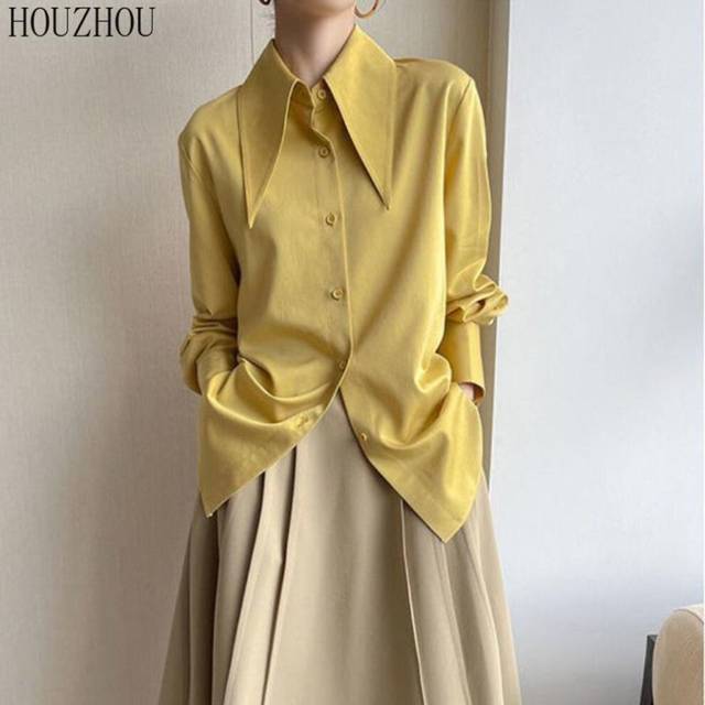 (yellow, XL) Houzhou Chic Shirt Women Pointed Collar Korean Retro Elegant Commuting Ladies Classic Blouse