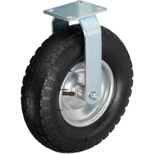 Pneumatic Fixed Castor, 3.50-6, Load 120 kg, Rubber, Steel Plate, Air-Filled, Heavy-Duty Wheel, Black/Silver - Relaxdays