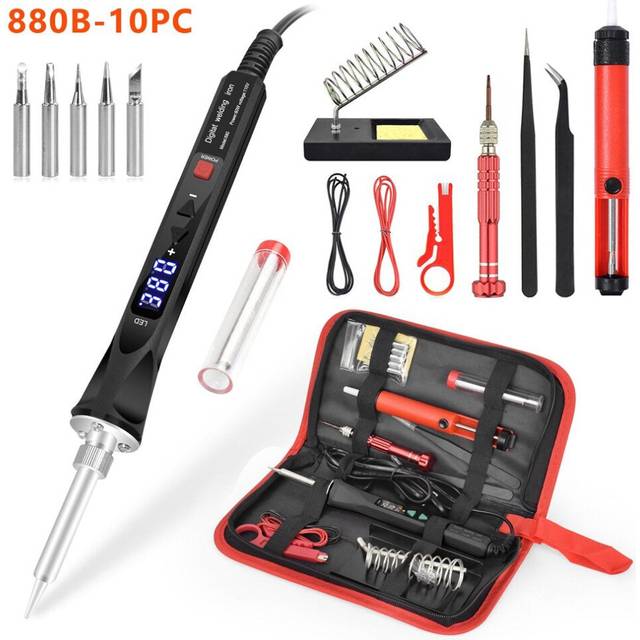 (880B-10PC, US Plug) 110V/220V 80W LED Digital Electric Soldering Iron with 5PC Welding Tips Soldering Tool Temperature Regulating Welding Iron