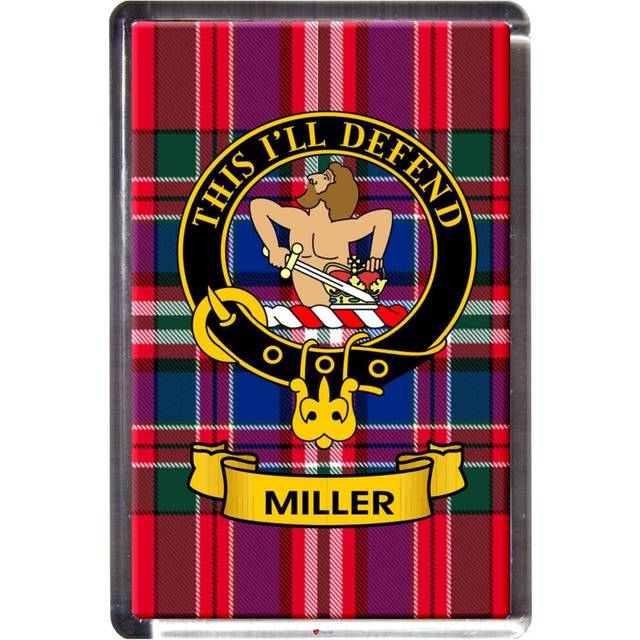 Miller Tartan Fridge Magnet with Scottish Clan Crest on Clear Acrylic Rectangular Base