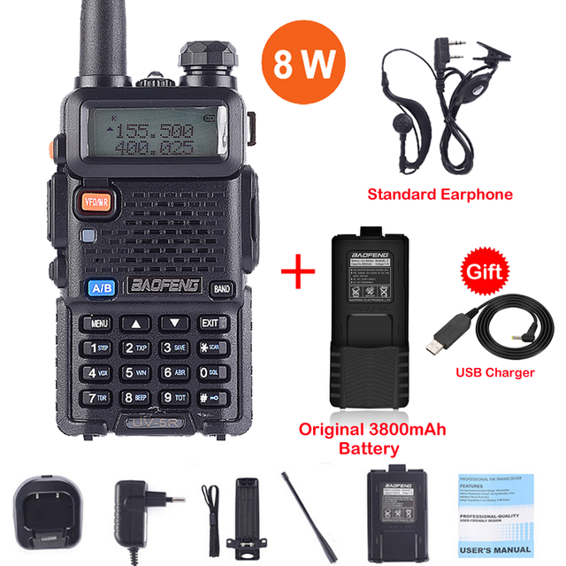 (8w-black) UV 82 Walkie Talkie Real 5W 8W Ham Radio Comunicador Dual PTT Long Range 2 Way Portable FM Amateur Radio