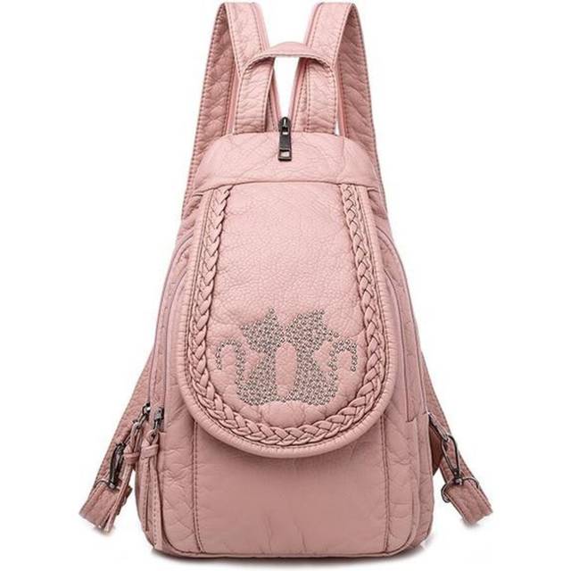(pink, 20x8x30cm) Fashion Ladies Embroidery Small Backpack High Quality Soft Washed Leather Backpack Women Multifunction Backpack