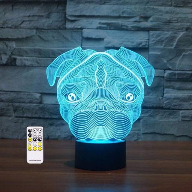 3D Optical Illusion Pug Dog Sensor Night Light with Smart Touch & Remote 7 Colors Change Dimmable Function Atmosphere Lamp for Kids Friends Birthdays