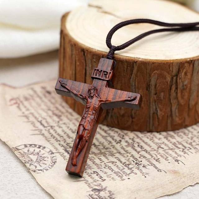 (brown) Jesus Cross Wooden Necklace,Wood Cross Necklace,Christian Catholic Jesus Crucifix Necklace for Men Women