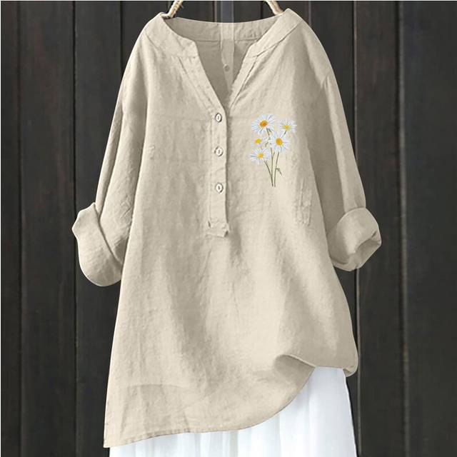 (HCY17, M) Women's Autumn Winter New Fashion Printed Button Up Shirt Long Sleeved Bamboo Linen Casual Comfortable Top