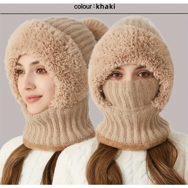 (Khaki) Winter Fleece Lined Knitted Hat with Ear Covers 3 in 1 Winter Hat Scarf Mask Set Windproof Warm Hooded