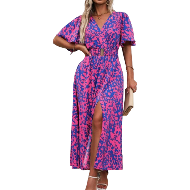 Franclia Plus Size Women&#39;s Elegant Dress For Holidays, Featuring Full Allover Print Overlap Design, V-Neckline, Ruffle Short Sleeves, Side Slit Hem Maxi Women