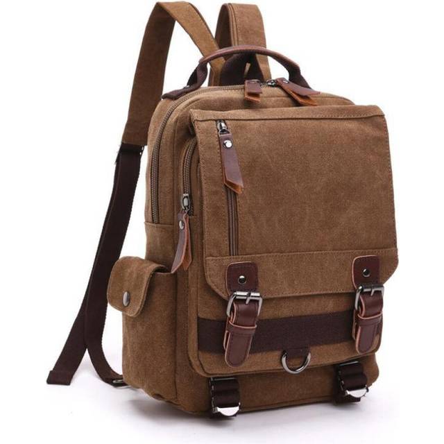 (brown) Scione Small Canvas Travel Multifunctional Shoulder Men Women Laptop Rucksack School Daypack