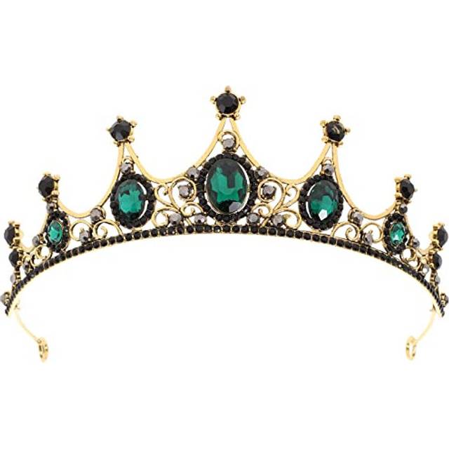 Green Crystal Crown Golden Tiara with Black Rhinestone Decor Bridal Head Jewelry