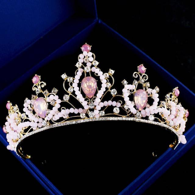 7cm Tall Drip Pink Crystal Beads Gold Tiara Crown Bridal Wedding Prom Pageant