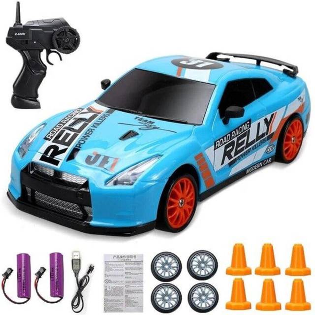 (Blue) 2.4G High speed Drift Rc Car 4WD Toy Remote Control AE86 Model GTR Vehicle Car RC Racing Cars Toy for Children Christmas