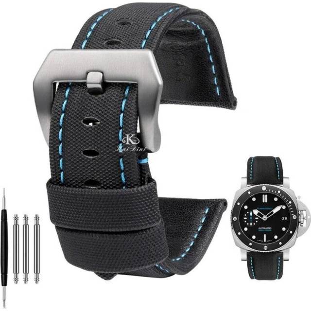 (Black blue silver 24mm) 22mm 24mm 26mm Nylon Texture Leather Watchband For Panerai Pam01661 441 Marina Watch Strap Black Blue Line Watch Accessories - Silver