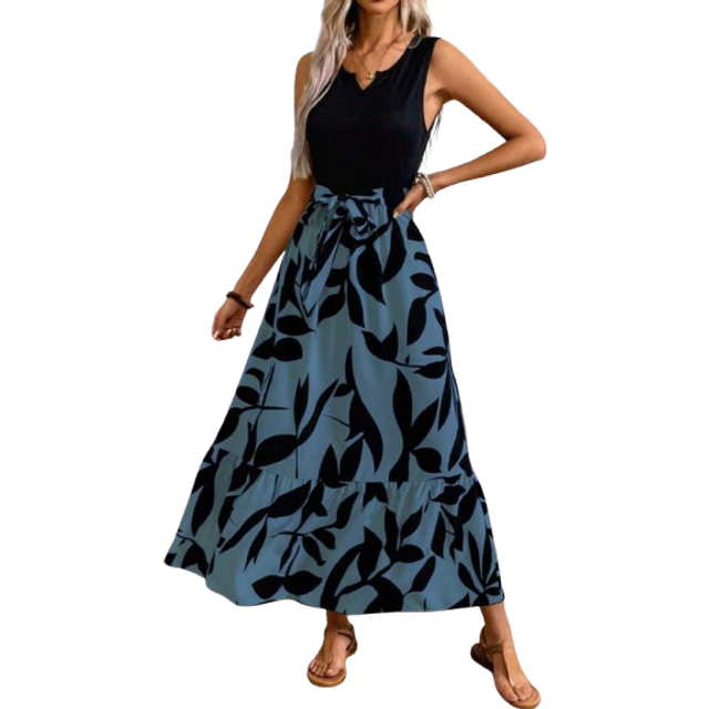 Breezaya Spring/Summer Printed Asymmetrical Hem Dress (Mid-Long Length Knitted Vest & Woven Dress, Leaf Print) Maxi Vacation Beach Outfits Women