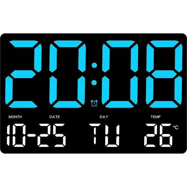 (Blue) Large Digital Wall Clock with LED Display, Adjustable Brightness, Indoor Temperature, Date, Week, 12/24H for Home, Office, Classroom